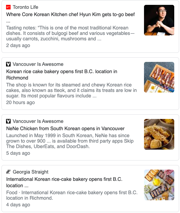 캐나다 미디어에 나타난 한국 음식 관련 기사들 - 출처 : 구글 캐나다