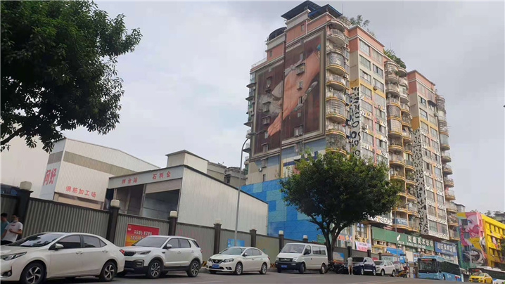 <건물의 옆면에 현재 쓰촨미술학원 원장인 팡마오쿤의 작품 이미지가 그려져 있다. 그 옆에는 현재 경전철 공사가 한창 진행 중이다.>