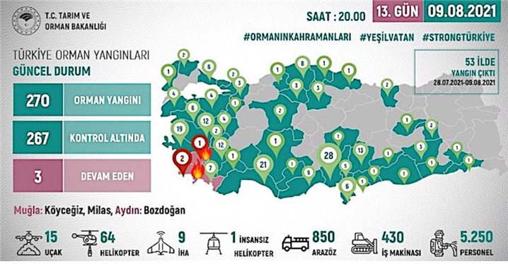 <2021 터키 초대형 산불 화재 지도 - 출처: 앙카라 농림부 페이스북 페이지>