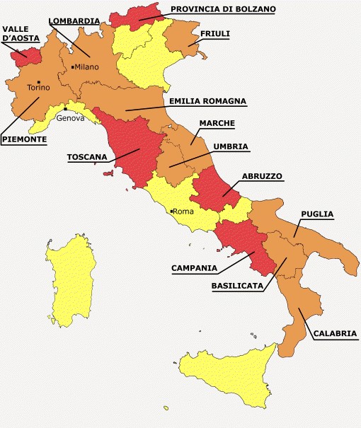 <2020년 11월 27일 이탈리아 보건부령으로 발표됐었던 코로나 지역별 방역 등급제 지도.팬더믹 기간동안 매달 새롭게 발표됐던 지역별 방역 등급제가 사라진다 -  출처: 이탈리아 보건부>