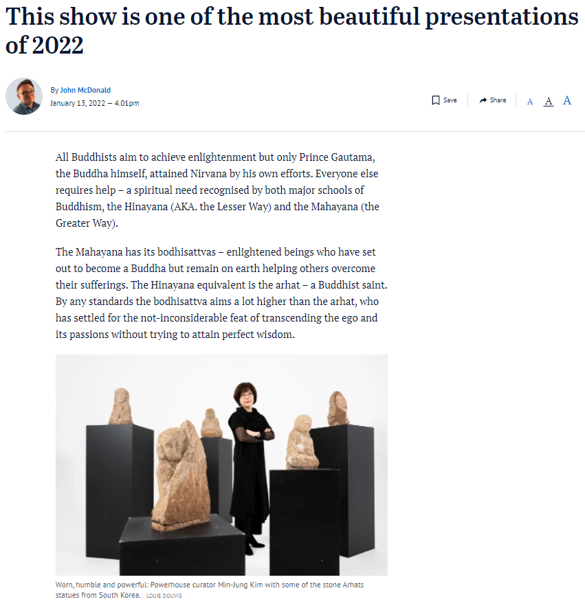 <호주 주요 일간지 시드니모닝헤럴드에 '2022년 가장 아름다운 전시'라는 제목으로 보도된 리뷰 기사 - 출처: 시드니모닝헤럴드>