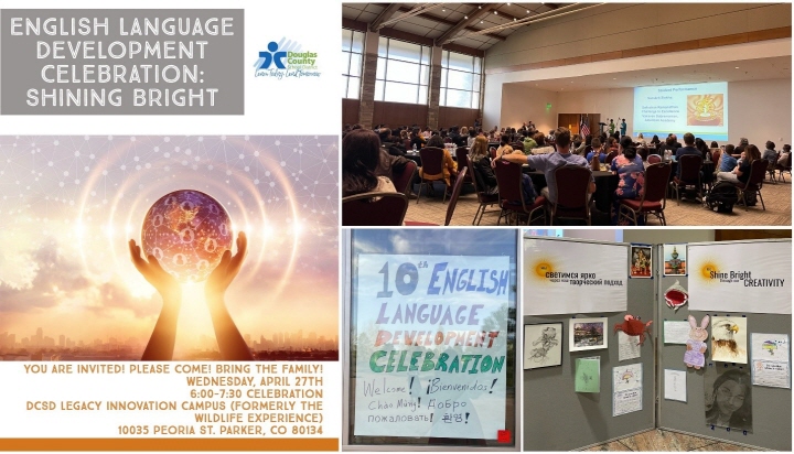 ◆ (왼쪽) 콜로라도주 더글라스 카운티 교육청의 English Language Development Program 10주년 기념행사 포스터. (오른쪽 상, 하단) 기념행사장 모습. ©이나라