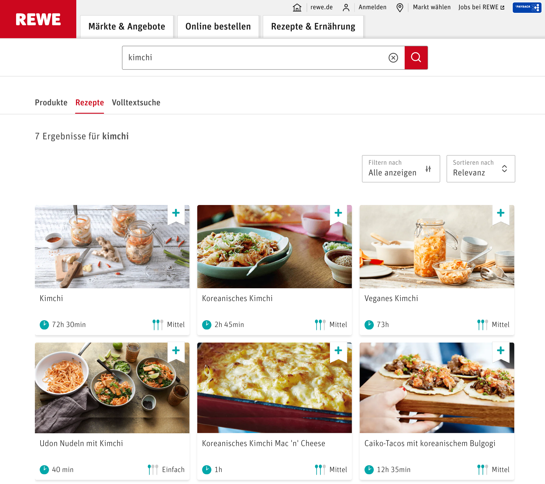 < 독일 대표 슈퍼마켓 체인점 레베(rewe)에서 제공중인 김치 및 김치 요리 레시피 - 출처: rewe 공식 홈페이지 >
