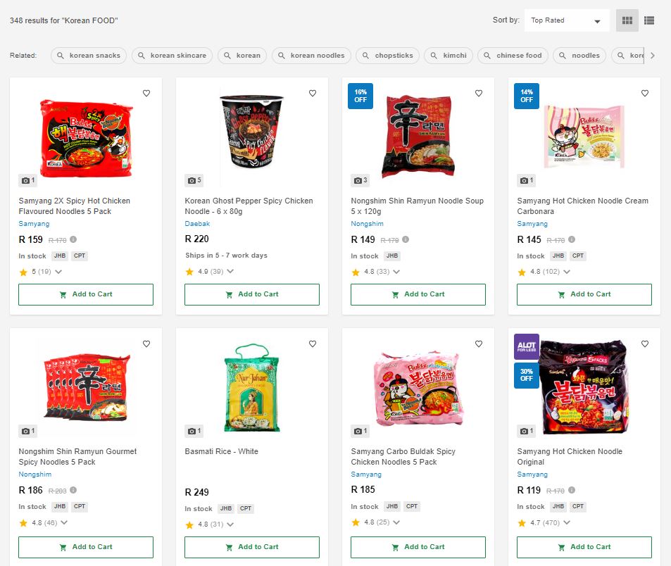 < 남아공 최대 온라인 유통망인 '테이크어랏'에서 판매하는 한국 식품 - 출처: 테이크어랏 홈페이지 >