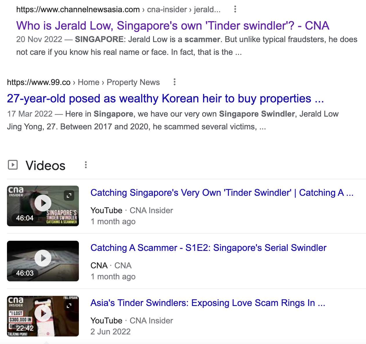 < 사기꾼 JeraldLow에 대해 보도하고 있는 기사들 - 출처: GOOGLE('singapore, korean, swindler' 검색) >