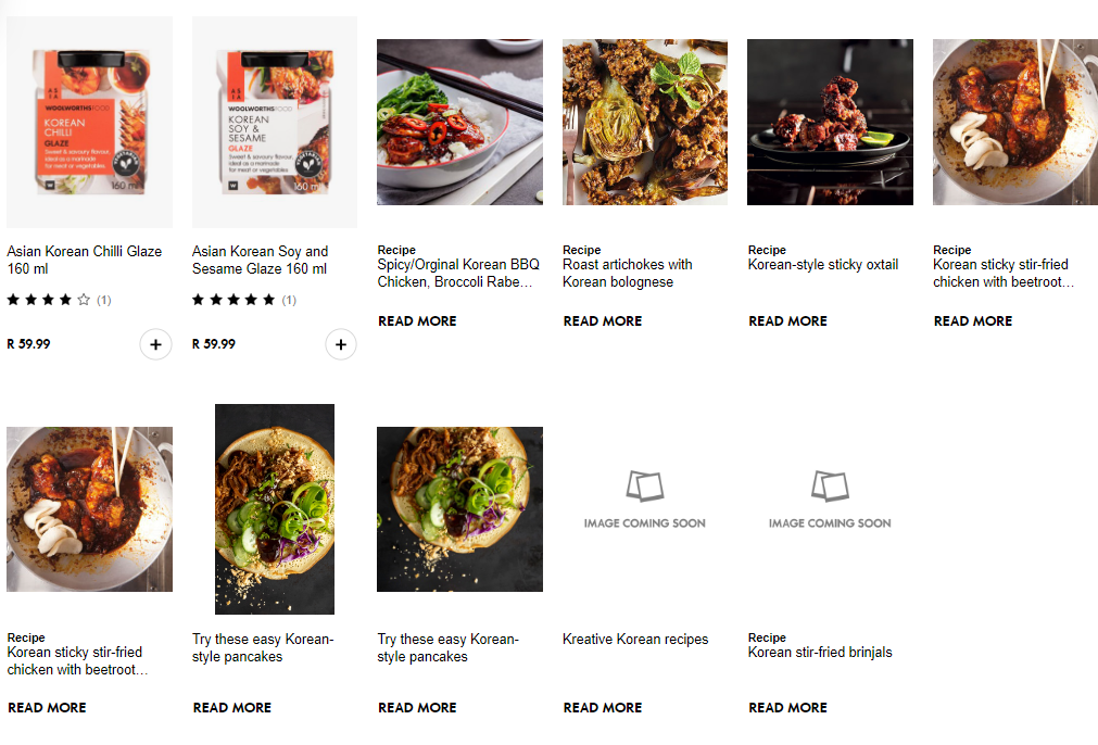 < 남아공 고급 소매 유통업체인 '울워쓰'에서 판매하는 한국식 조리 양념 - 출처: 울워쓰 홈페이지 >
