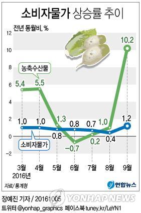 농산물 가격 들썩…9월 소비자물가 상승률, 7개월 만에 최고(2보)